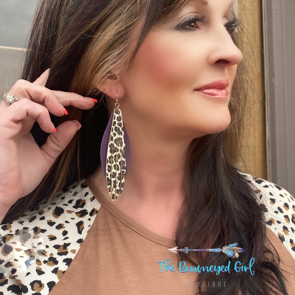 Leather Leopard Layered Earrings Purple